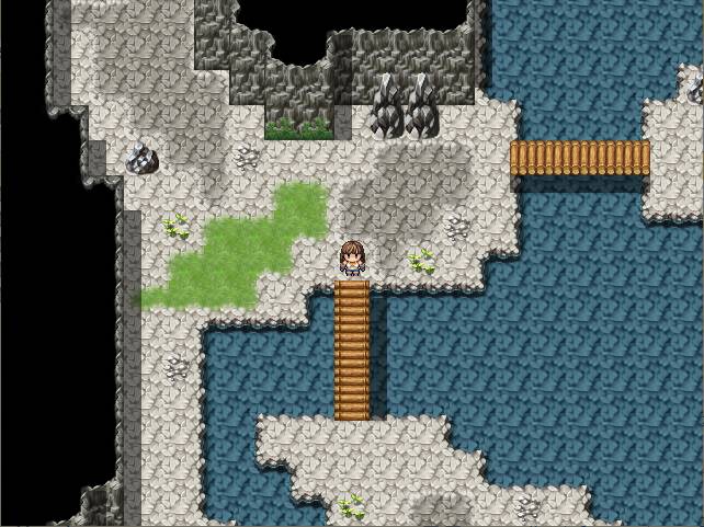 Lisa and the Grimoire. traversing a cross section in a cave with bridges and river